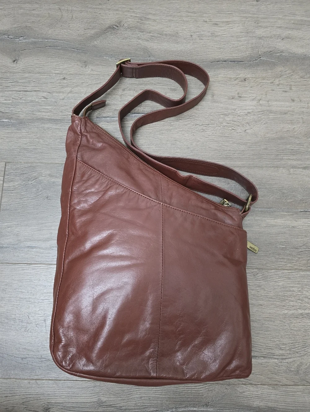 Hobo Asymeyrical Mahogony Leather Shoulder Bag Map Fabric Lining